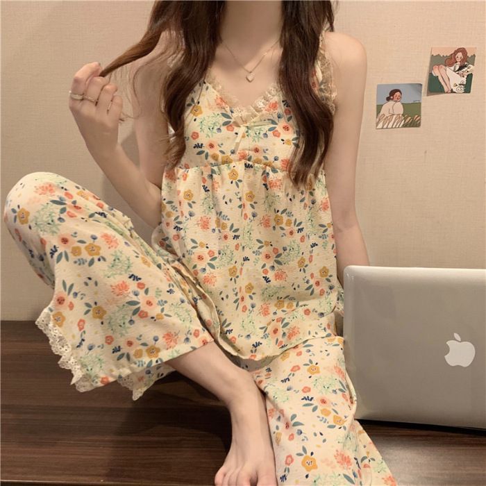 Al por mayor transfronterizo puro con cojín de pecho cabgarra pantalones largos cojín de pecho pijamas de mujer adorable algodón chica ropa de casa set