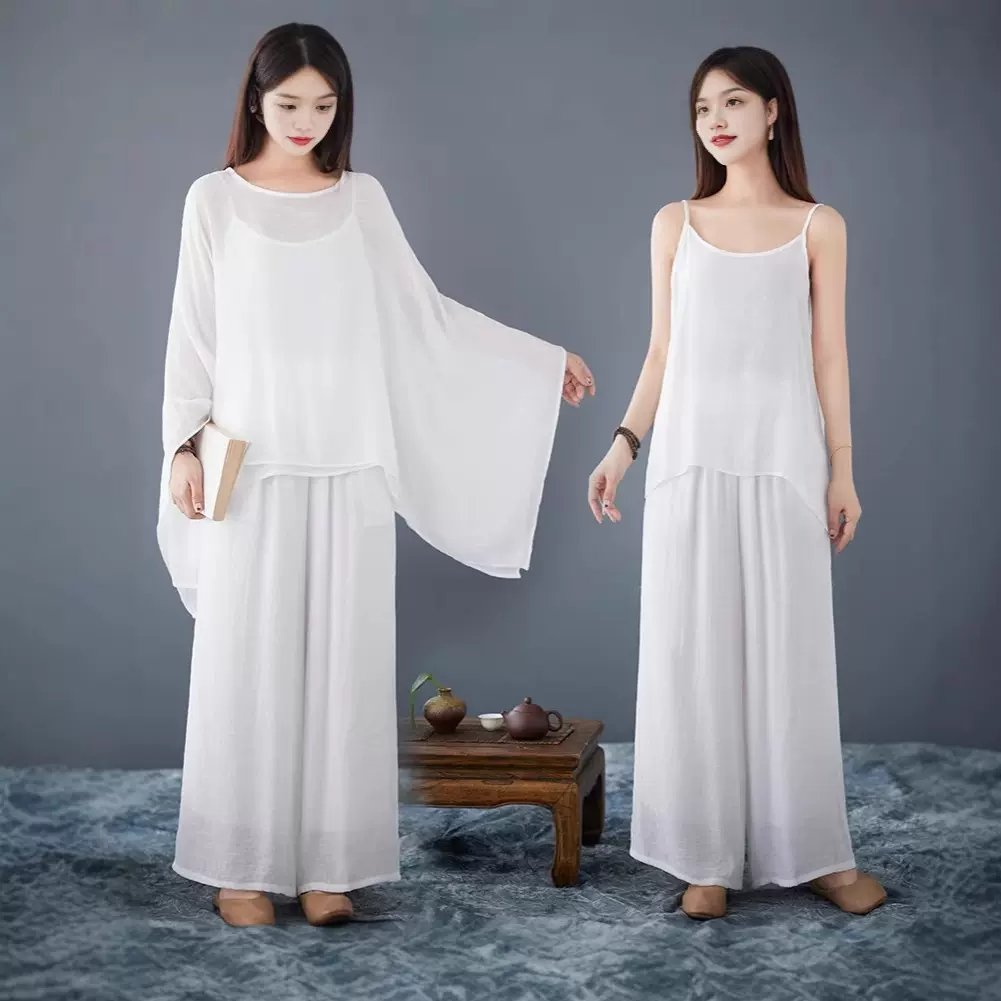 中式白色禅服女仙气禅意慵懒风亚麻上衣阔腿裤套装国风打坐禅修服