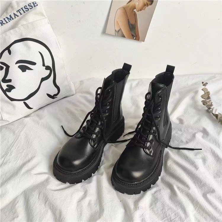 Cross-Border Black Martin Boots for Women 2025 Autumn British Style Thick-Soled Lace-Up Short Boots Height-Increasing Fashionable Slim Boots Wholesale