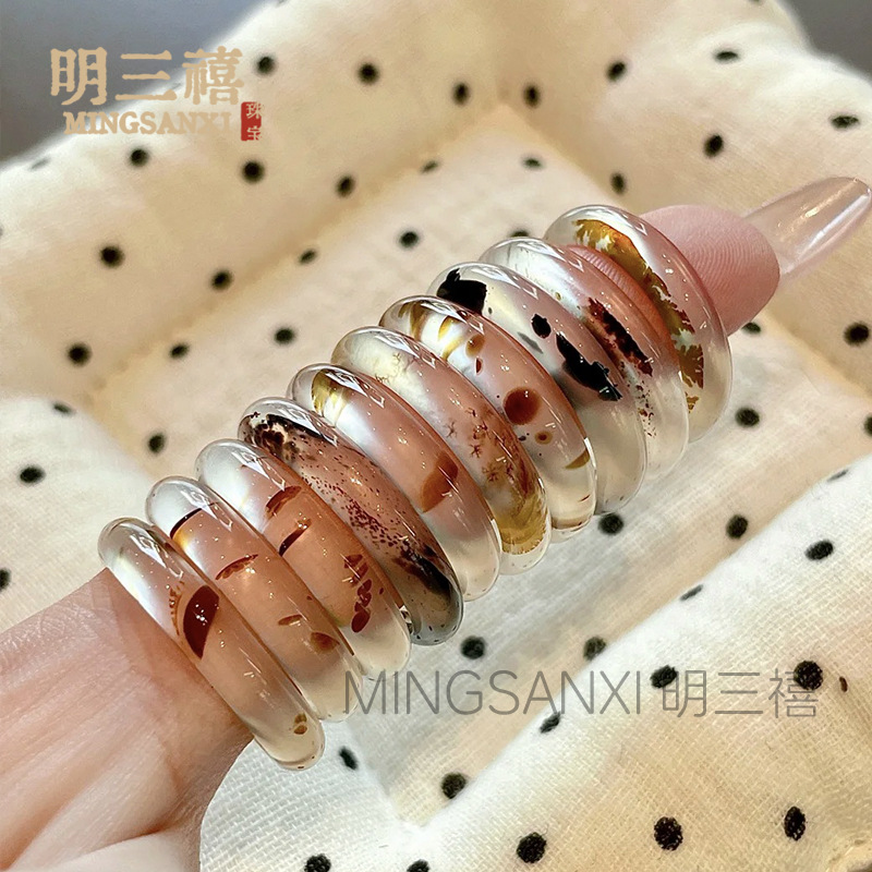Natural High-Quality Ice-Type Natural Flower Agate Ring for Women, Chalcedony White Moonstone Plain Ring, Thin Ring, Wide Ring, Couple's Ring
