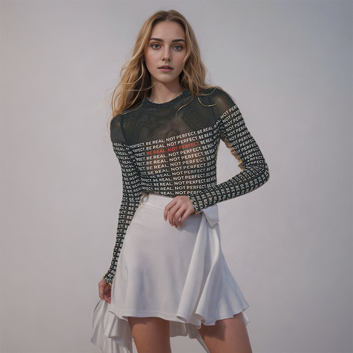 W198BS Western and Eastern Cross-Border 2024 Autumn New Round Neck Long Sleeve Letter Print Sheer Fitted Sexy Bodysuit