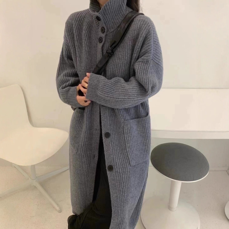 厚实软糯慵懒风粗针毛衣开衫女设计感小众高领中长款针织大外套|undefined