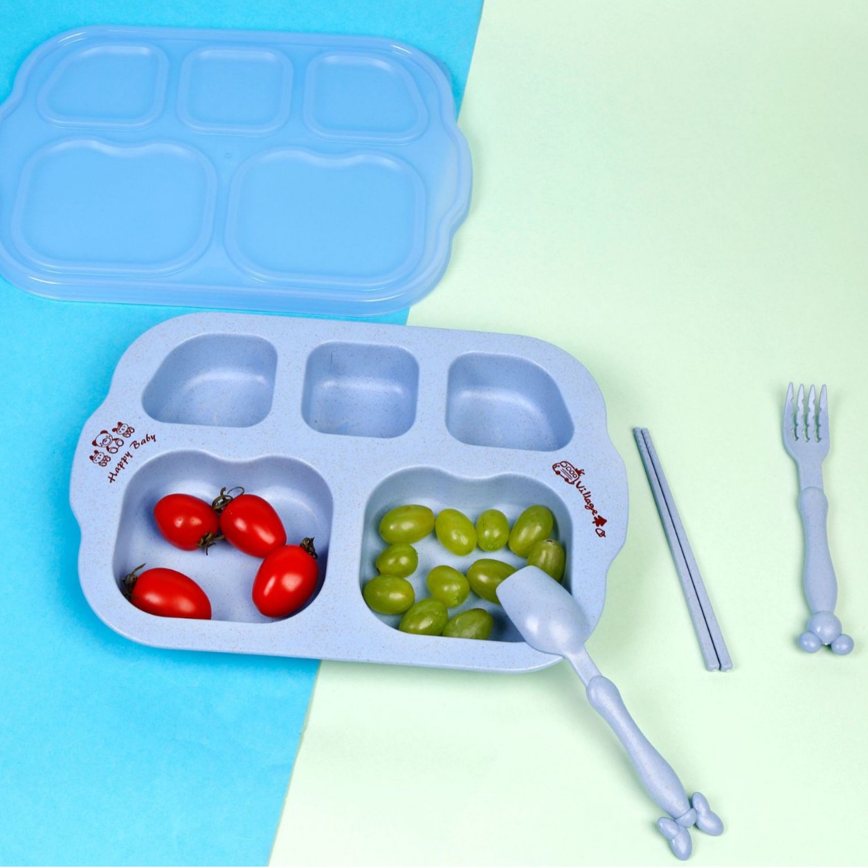 Jardín de infantes de paja de trigo comida dividida para niños Plato de desayuno de estudiantes Plato dividido con cuchara tenedor palillos