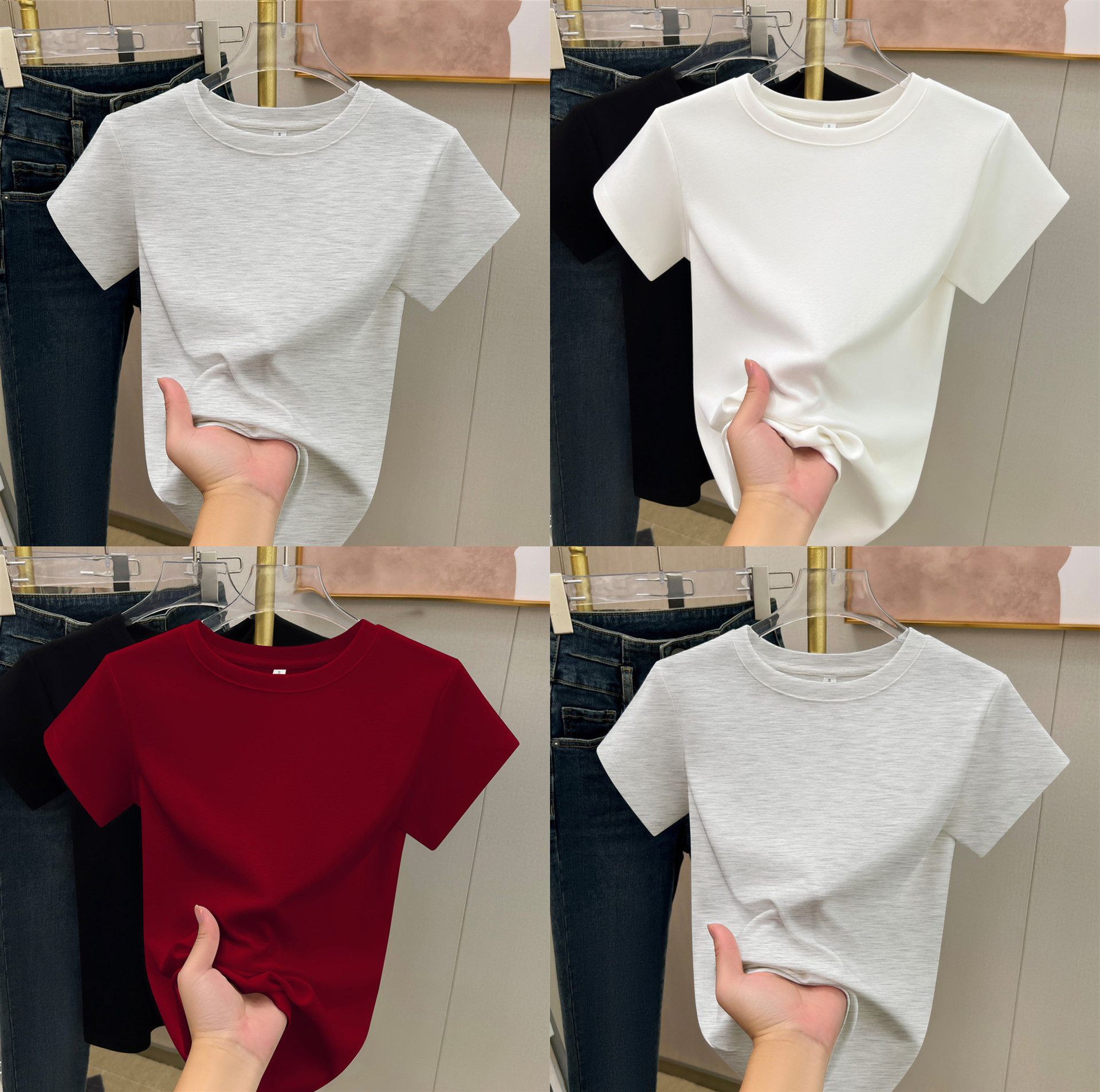 새로운 스타일의 여성용 반팔 티셔츠, 단색 골지 코튼 여성 상의, 여름 슬림핏 신축성 있는 어깨선 반팔 여성복 도매