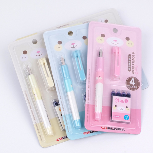Heiren 3360K fountain pen with replaceable bag for primary school students straight liquid large tip pen with ink bag pen set
