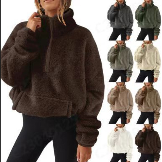 Cross-Border Aliexpress Wish2025 Autumn and Winter New European and American Plush Fleece-Lined Women's Half-Zip Stand Collar Sweatshirt
