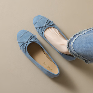 Weiwei Girl 313-22 French Flat Shoes Women's Bow Ballet Shallow Mouth Soft Suede Bean Shoes Women