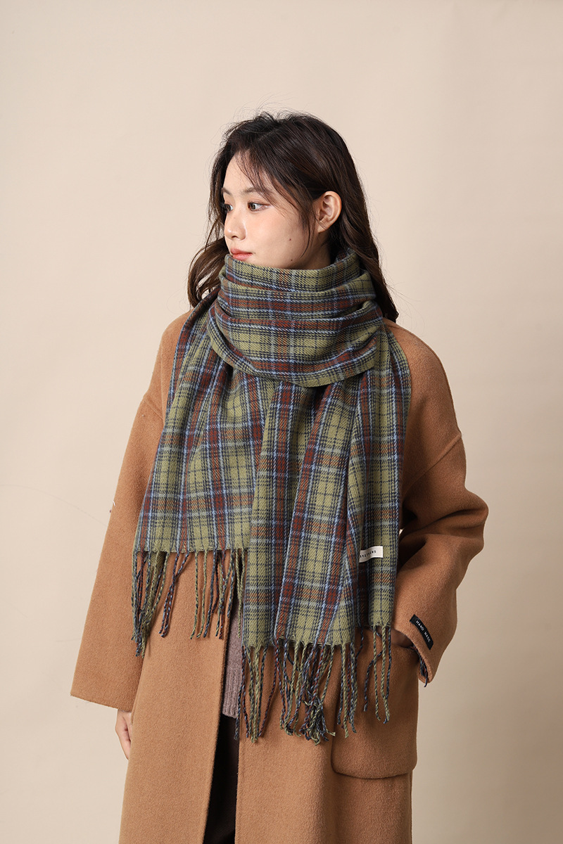 Neues grün kariertes Tuch im koreanischen Stil für Damen, vielseitig einsetzbar im Herbst und Winter, individuell und hochwertig, warmer Schal_voghion.com