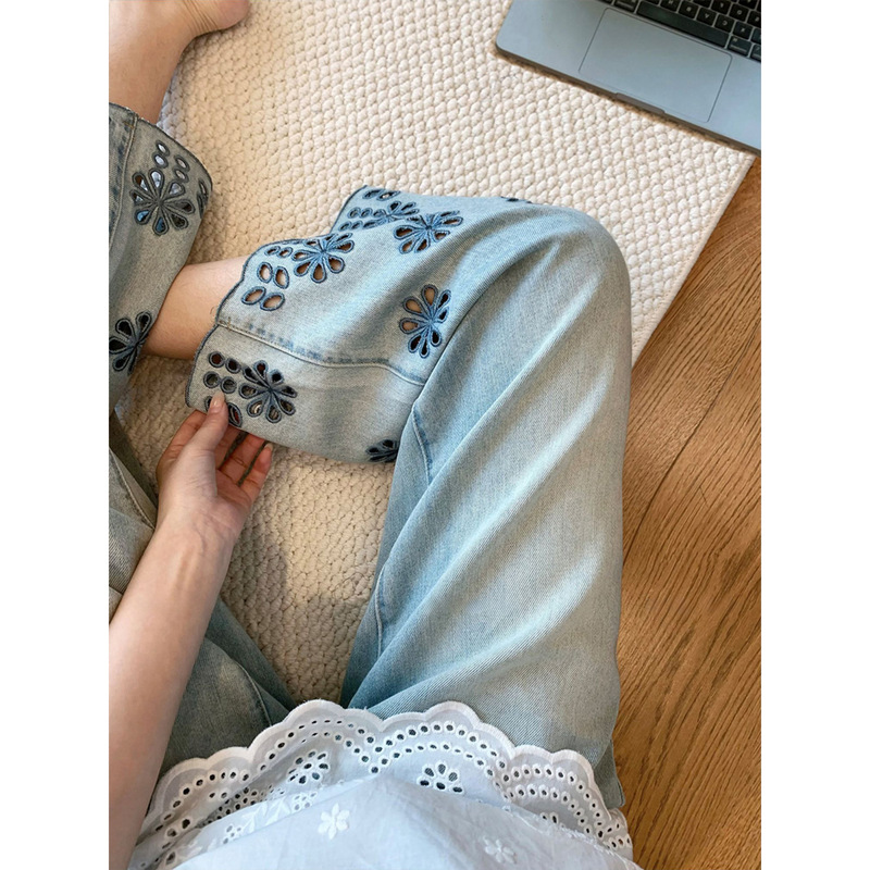 夏用女性用デザイン中空刺繍レースジーンズ、薄い洋ナシ型体型、ハイウエスト、スリム、ワイドレッグ9点パンツ|undefined