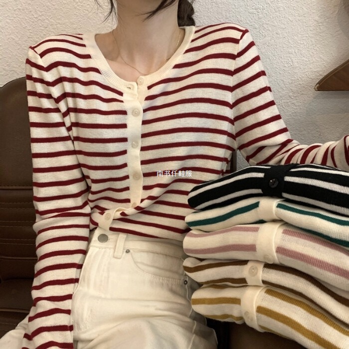 Striped Knitted Cardigan for Women 2026 Spring and Autumn New Style Gentle Style Plus Size Sweater Coat Long-Sleeve Base Top Striped Knitted Cardigan for Women 2026 Spring and Autumn New Style Gentle Style Plus Size Sweater Coat Long-Sleeve Base Top