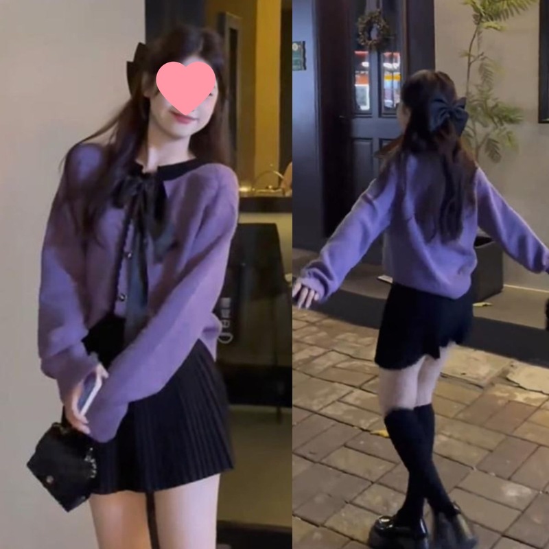 秋冬穿搭高级感套装女2025新款温柔撞色蝴蝶结毛衣百搭短裙两件套|undefined