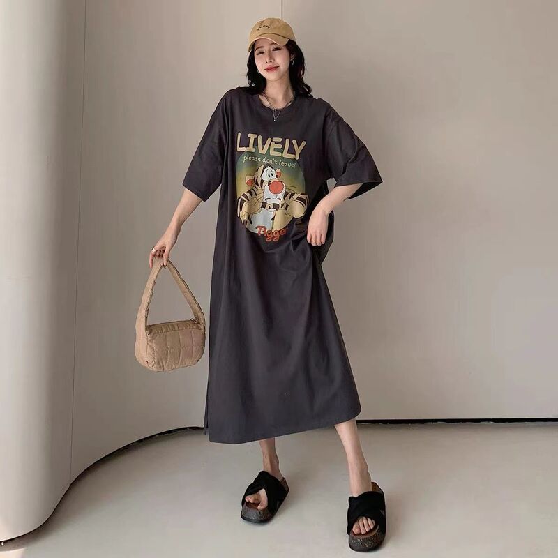 Long Cotton Loose T-shirt plus size Cartoon Print Summer Short-sleeved dress New Korean Casual Skirt