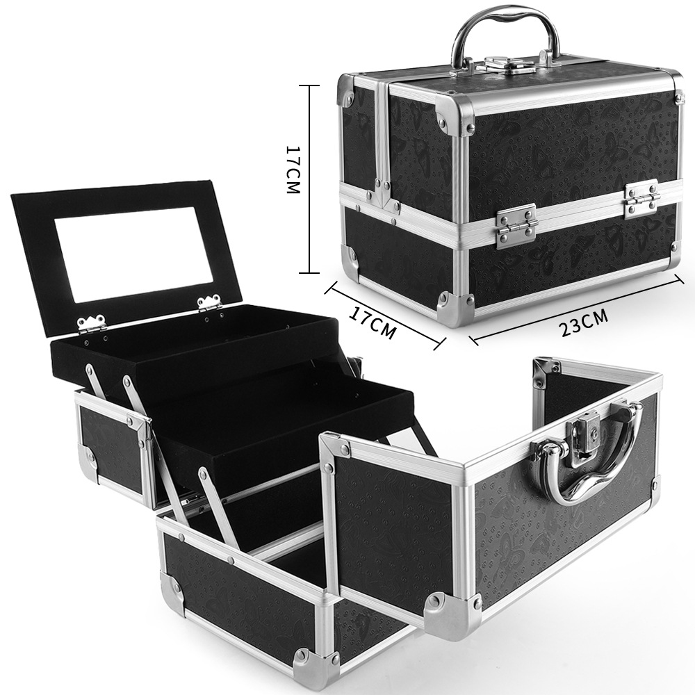 Estuche de cosméticos Estuche de almacenamiento de aleación de aluminio portátil de gran capacidad con espejo Estuche de herramientas pequeño portátil multicapa con maquillador profesional