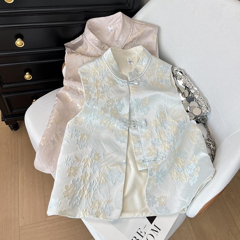 New Chinese style, youthful and elegant vest for women, autumn style, embroidered jacquard, stand collar, sleeveless, shoulder-length, button-down top/jacket.