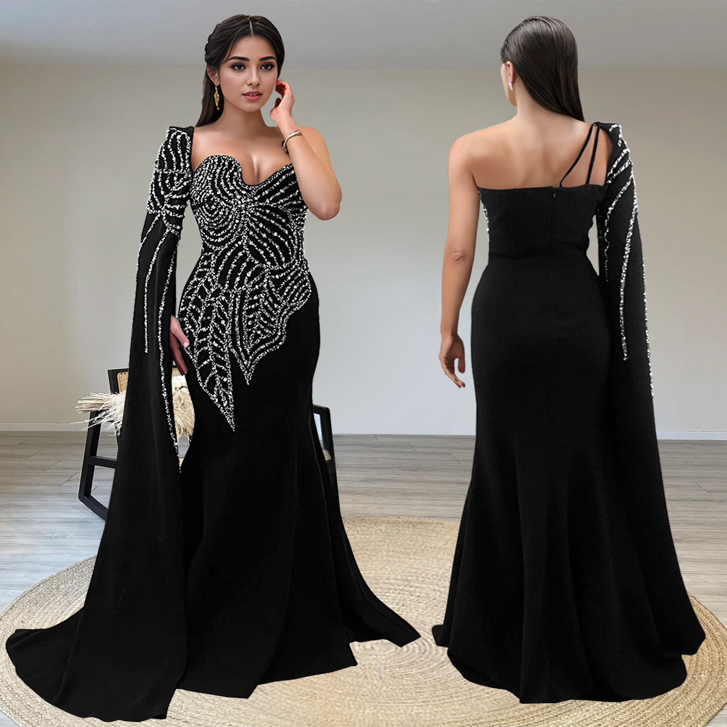 Vestido largo negro de sirena con capa y manga larga con pedrería para mujer, de la tienda independiente de comercio exterior transfronterizo C7288, disponible en eBay.