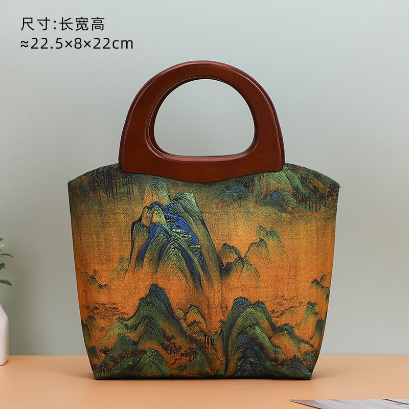 千里江山図手作り布 DIY 材料バッグハンドバッグ竹ハンドルリップ型口ゴールドバッグ未完成品|undefined