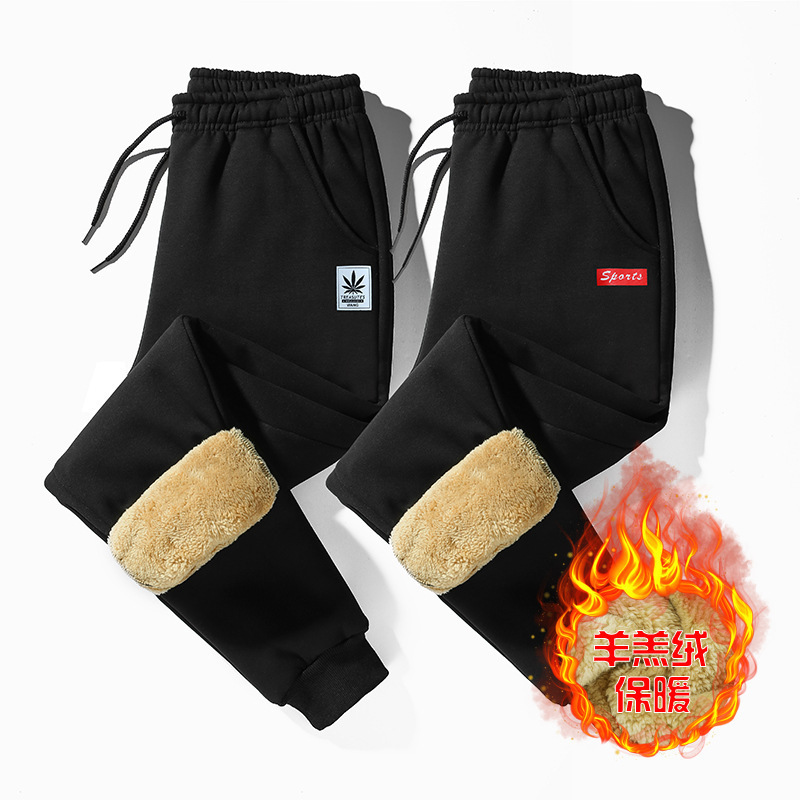 Men's Fleece-Lined Thickened Cotton Sweatpants 2020 New Long Pants Lamb Fleece Joggers Cuffed Casual Pants