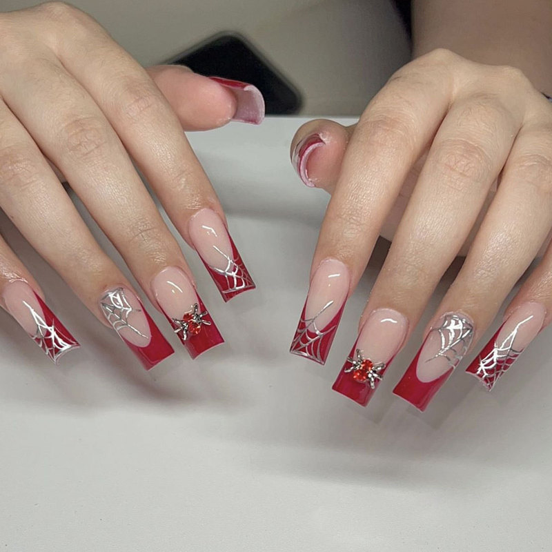 Halloween Wear Armor Simple Red French Spider Web with Red Metal Spider Removable False Nail