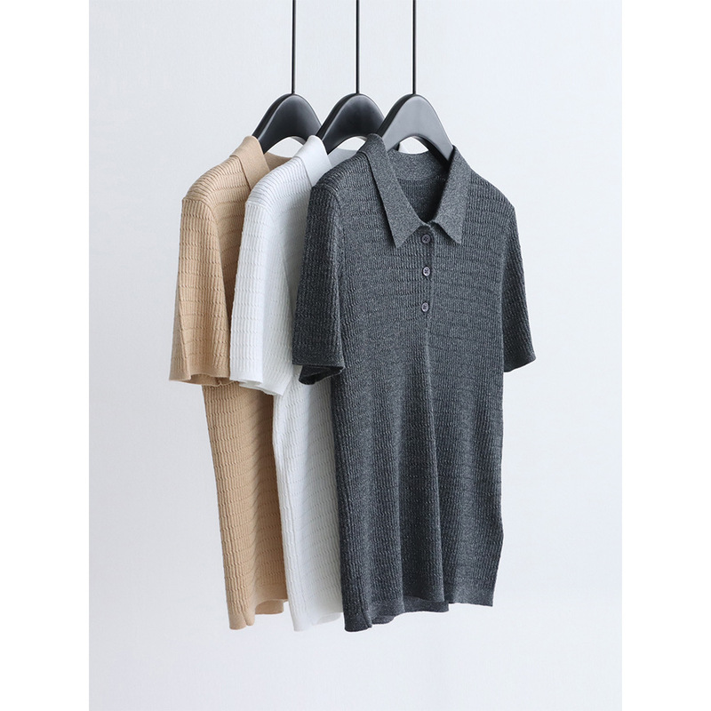 Shimmering fine wool vintage commuter polo collar knit short-sleeve sweater for women, early autumn 26, elegant turn-down collar inner layer