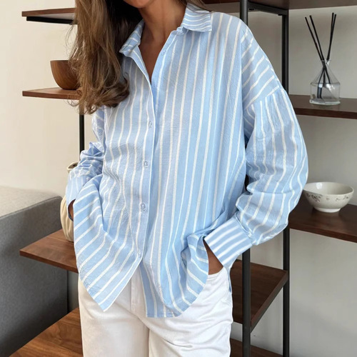 European and American 2025 Fall/Winter Long-Sleeve Cardigan Coat for Women | Striped Shirt Women's Wear