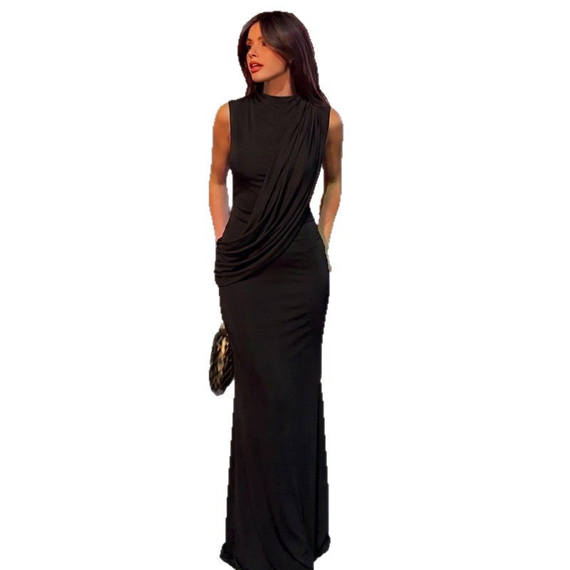 Europa y los Estados Unidos de comercio exterior ropa de mujer 2026 verano nuevo plegado de moda sexy cuello redondo sin mangas vestido ajustado mujer image 5