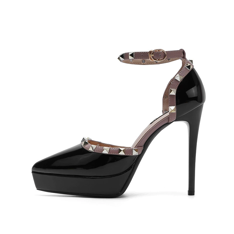 1233-23 Sexy rivet high heels for women 2025 Spring and Autumn New pointed toe thin heel waterproof platform single shoes 12CM
