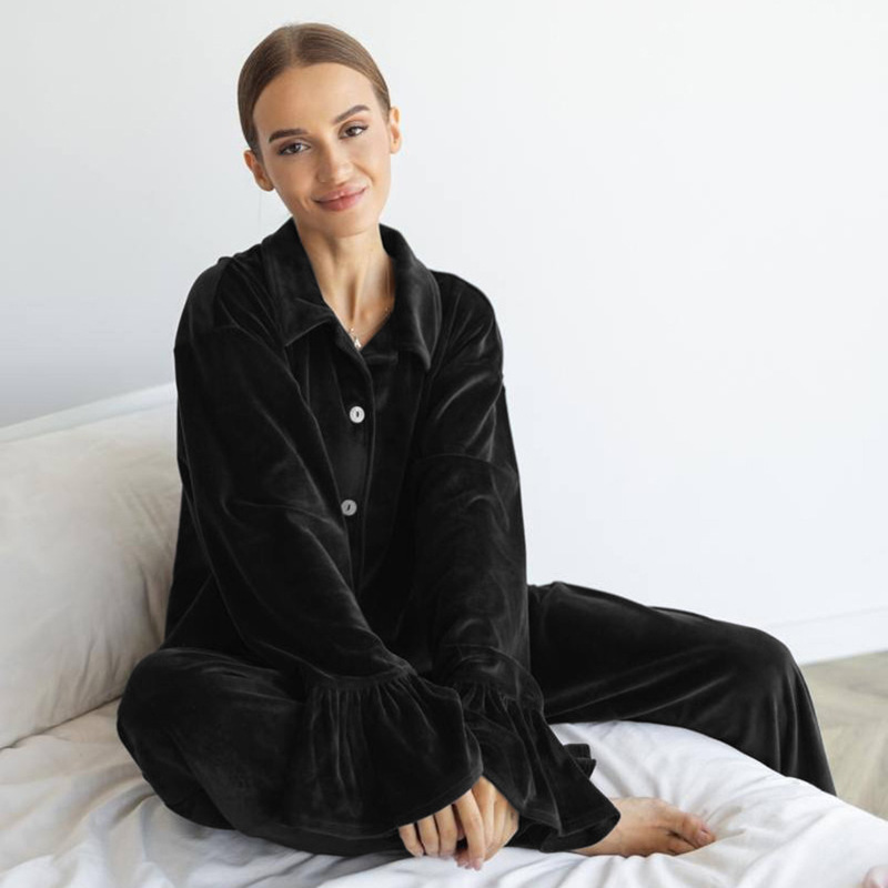 2026 Knitted Autumn and Winter Pajamas for Women, Warm Korean Velvet Long Sleeve and Long Pants, Ruffled Two-Piece Set, Wholesale Home Wear 2026 Knitted Autumn and Winter Pajamas for Women, Warm Korean Velvet Long Sleeve and Long Pants, Ruffled Two-Piece Set, Wholesale Home Wear