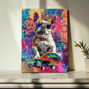 Modern Amazon Colorful Graffiti Style Skateboard French Bulldog Living Room Bedroom Poster Canvas Painting Decorative Painting Core Frameless