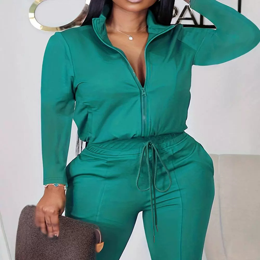 Dameklær uformell glidelås elastisk midje jumpsuit med brede ben_voghion.com