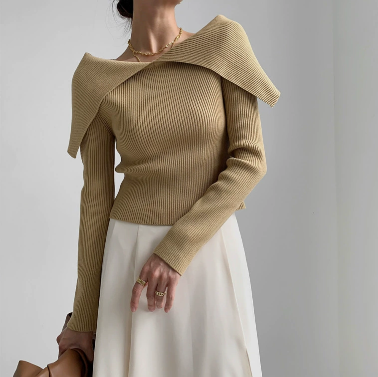 Корейский свитер ins2024, новинка ранней весны, в корейском стиле, элегантный и уникальный, с большим воротником, длинными рукавами, приталенный, стройнящий, вязаный, для женщин.