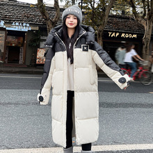 欧货撞色拼接羽绒棉服女长款过膝面包服韩版加厚连帽棉衣宽松大码