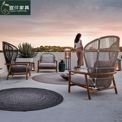 戶外庭院樣板房創意高背沙發陽台露天酒店柚木單人組合藤椅子客廳