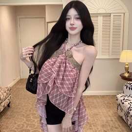 蕾丝拼接露背挂脖抹胸背心女夏季格纹宽松无袖外穿设计感辣妹上衣