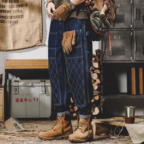 American Retro Workwear Jeans for Men - Autumn/Winter New Trend Brand Loose Topstitch Double Knee Logging Straight Leg Pants for Men