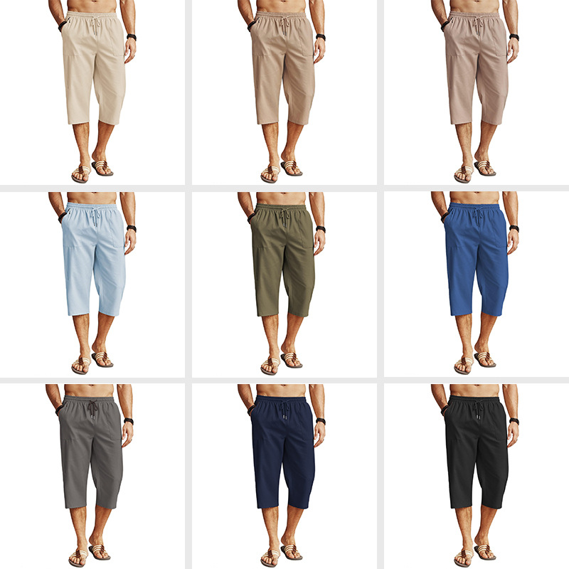Europäische und amerikanische grenzüberschreitende Bestseller: Herren-Strandhose mit mittelhohem Bund, Kordelzug, einfarbig, verkürzt, mit Taschen, ideal für Yoga und Strand._voghion.com