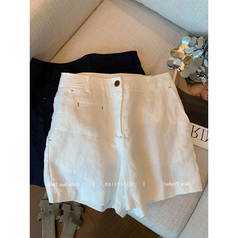Old Money Style Woven Pocket White Linen Shorts for Women, 2026 Summer New Vintage Wide-Leg Shorts for Petite Figures Old Money Style Woven Pocket White Linen Shorts for Women, 2026 Summer New Vintage Wide-Leg Shorts for Petite Figures