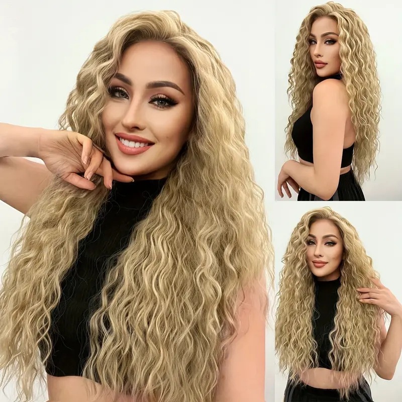 Women's Long Hair Wig Style Front Lace Middle Parting Small Curly Wool Curls Natural Full Head Cover_voghion.com