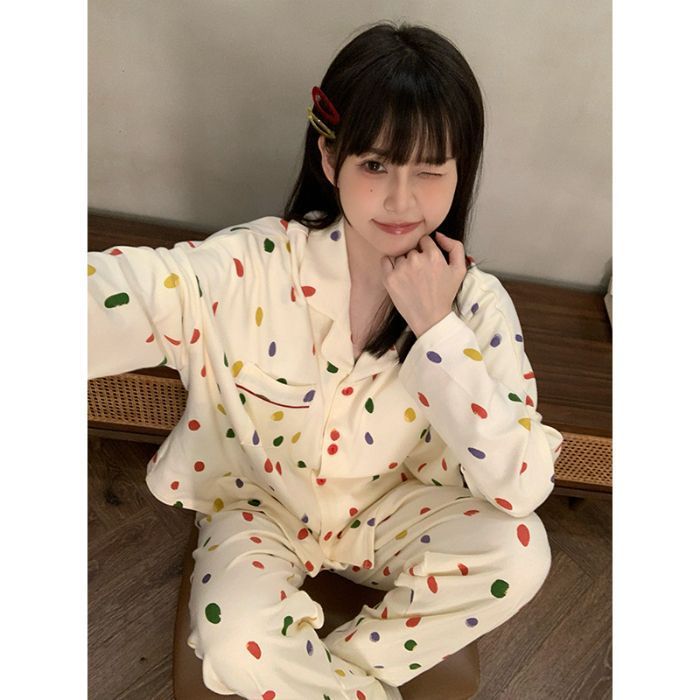 日系卡通睡衣女春秋季新款棉绸波点腊肠狗长袖大码网红家居服套装|undefined
