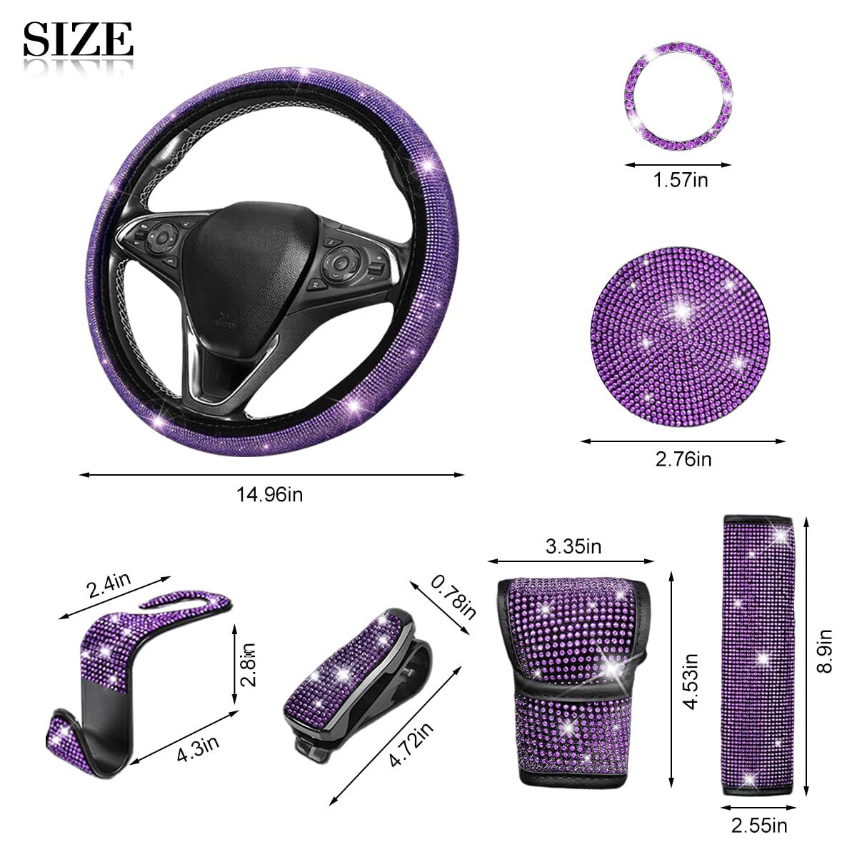 11-Piece Car Interior Set with Diamond-Encrusted Steering Wheel Cover, Car Hook, Glasses Holder, One-Touch Start Ring