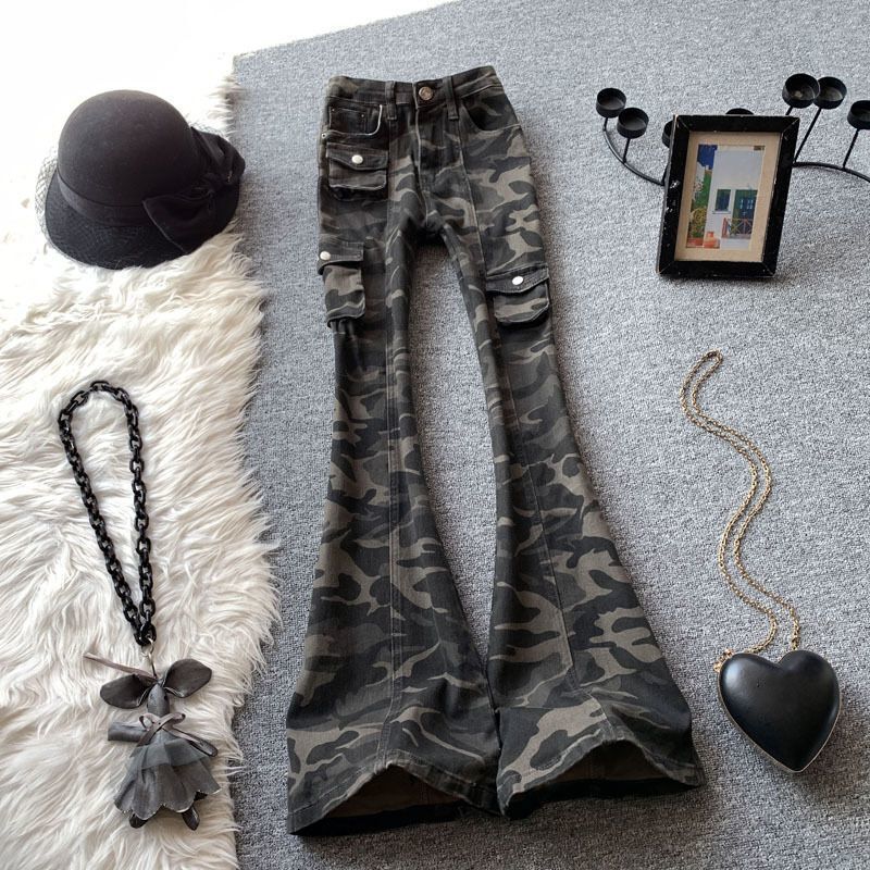 Plus-Size Camouflage Cargo Jeans for Women, American-Style Flared Long Pants, Straight Loose Fit, Bootcut Floor-Length Pants