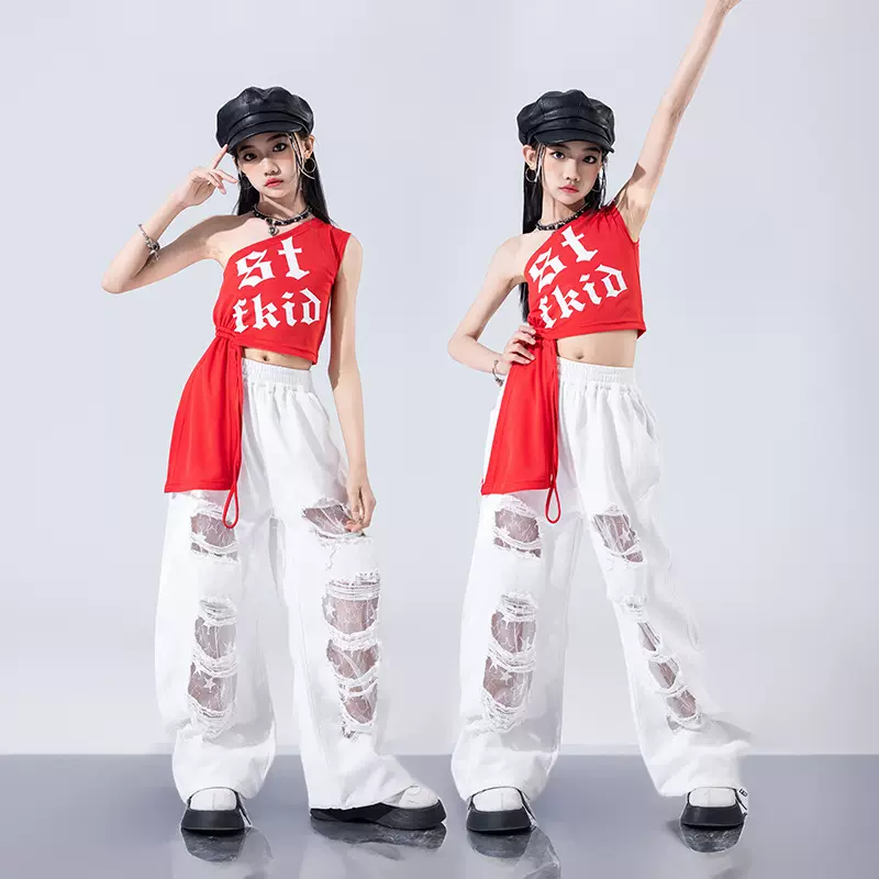 红色破洞裤爵士舞服女童JAZZ街舞炸街演出服套装露脐舞蹈走秀潮服