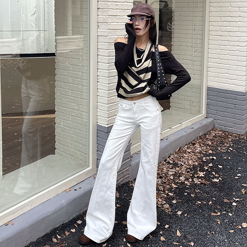 Off-White Denim Flared Pants for Women, Slightly Stretchy, American Retro Style, Slightly Flared Floor-Length Pants