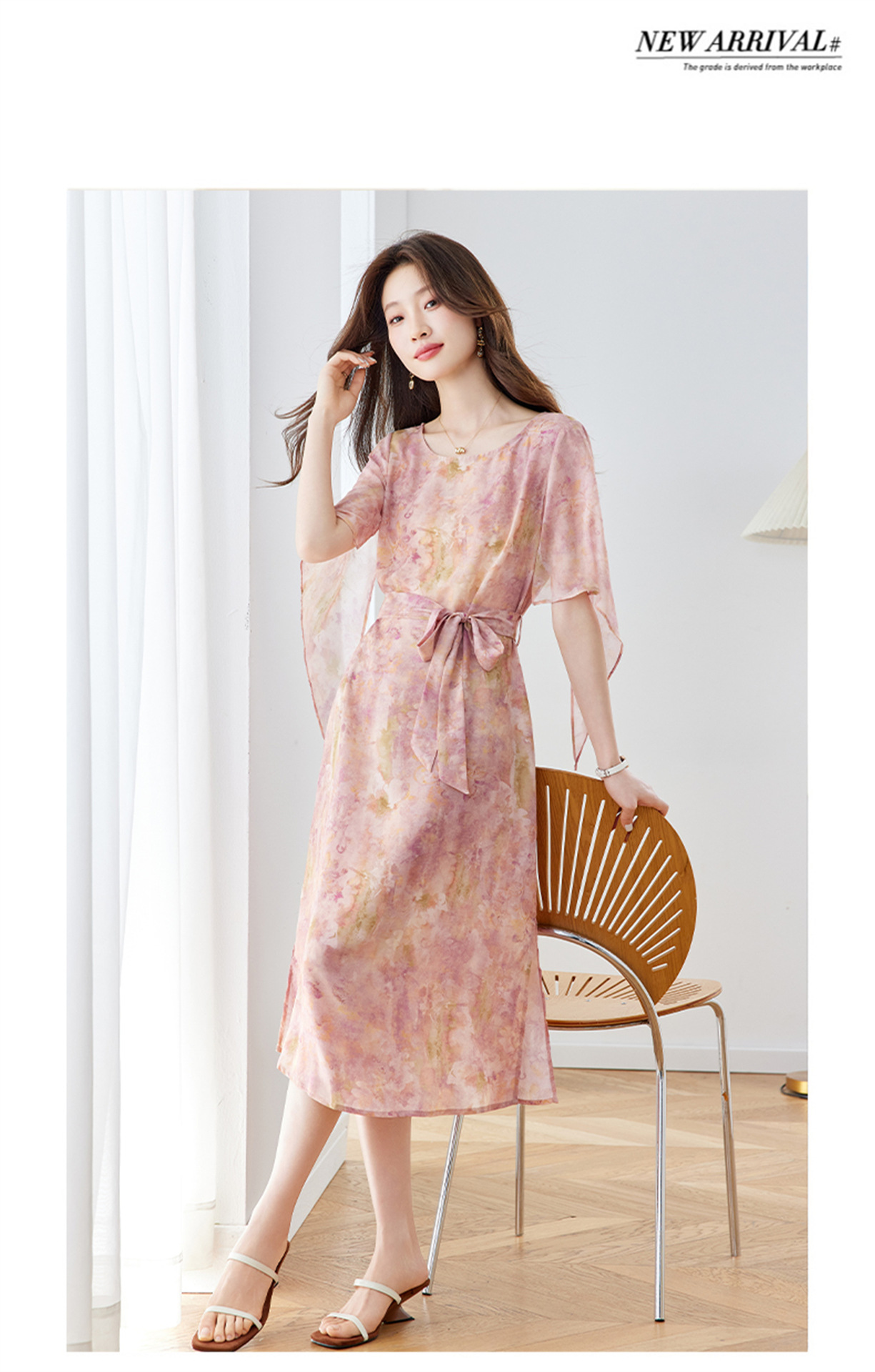 Đầm maxi nữ thắt eo in họa tiết hoa tay ngắn dáng suông che khuyết điểm — xanh lam, Màu hồng chi tiết 15