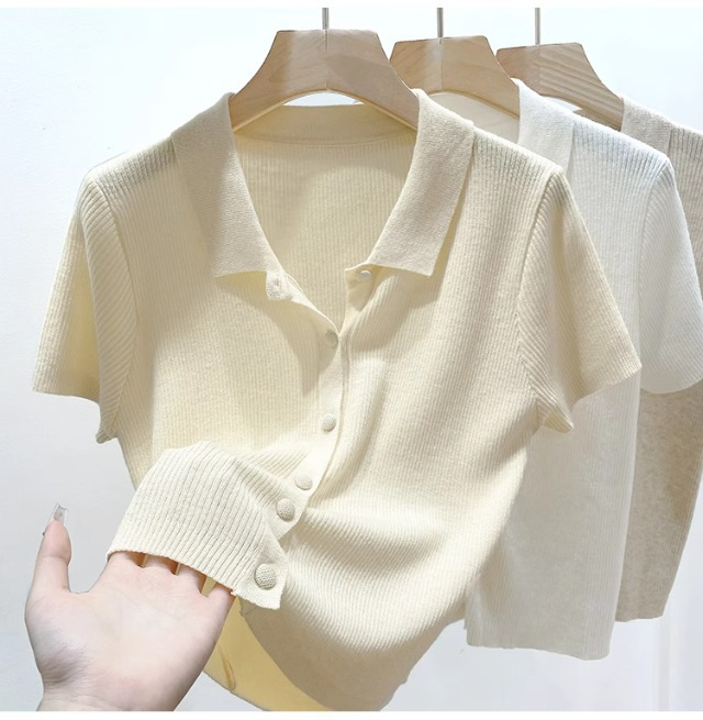 Áo thun polo nữ tay ngắn cổ bẻ chất liệu len lụa mát mẻ — màu trắng chi tiết 5