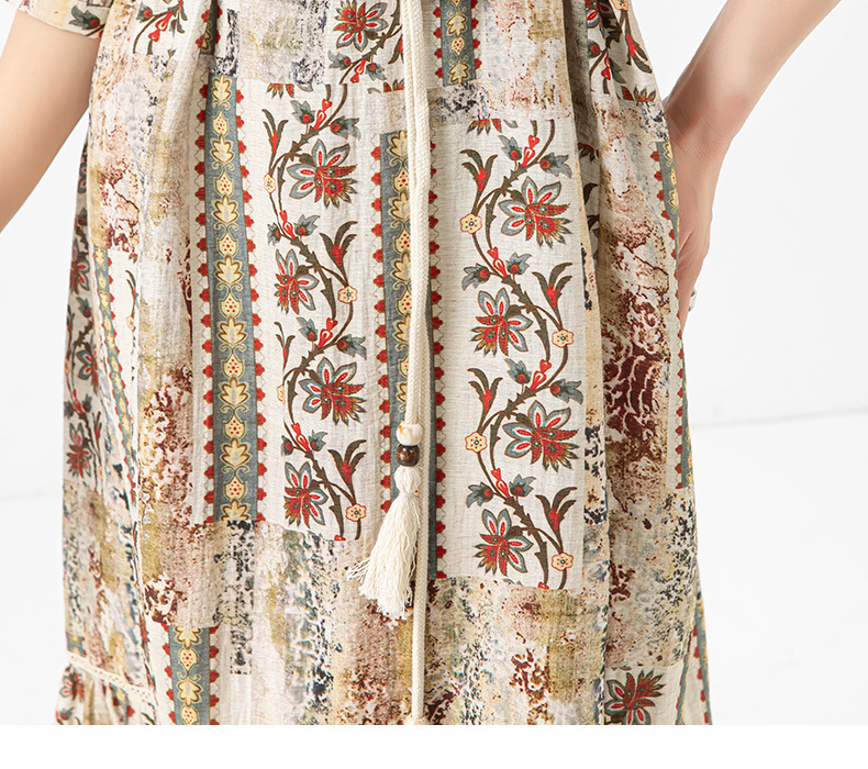 Đầm maxi nữ thắt eo bohemian in hoa kỳ lạ tay ngắn rộng che thịt — Màu cà phê chi tiết 11
