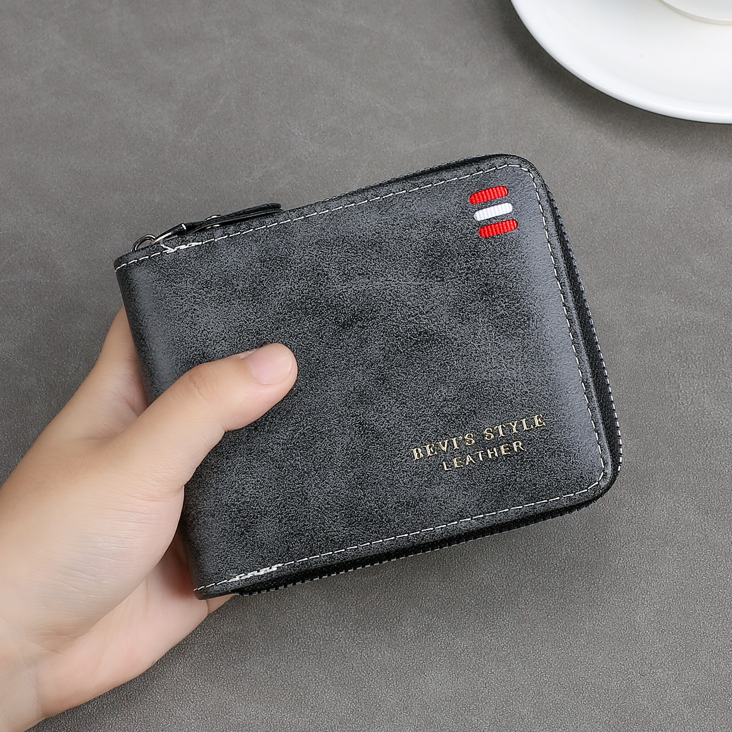 New Cross-Border Classic Business Men's Wallet, Retro Zipper, Carbon Fiber, Large Capacity, Horizontal Style, Casual Short Style