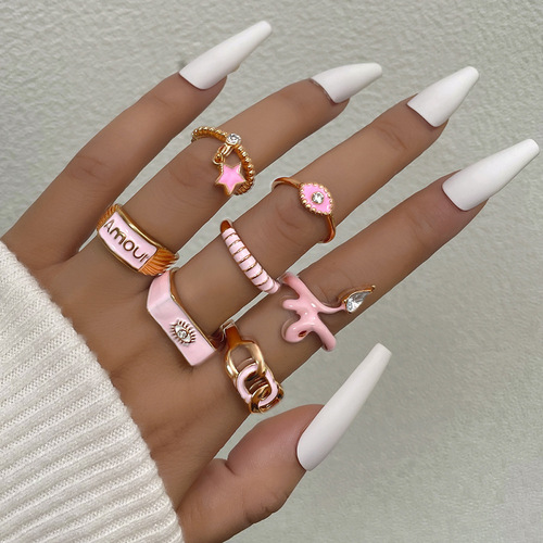 Ins style pink oil drop diamond glasses ring 7 pieces chain snake star pendant ring set