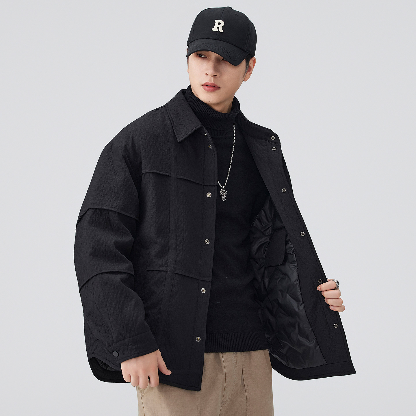 Chaqueta de plumón hombre ligera delgada solapa empalmada abrigo de plumón cálido 2025 invierno nuevo estilo casual color sólido universal