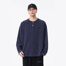 美式潮牌男装复古洗水长袖T恤慵懒风bf华夫格软糯套头纽扣针织衫