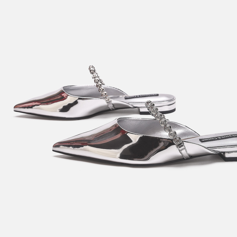 Silver Gemstone Chain Pointed Toe Mules For Women Elegant Flats_voghion.com